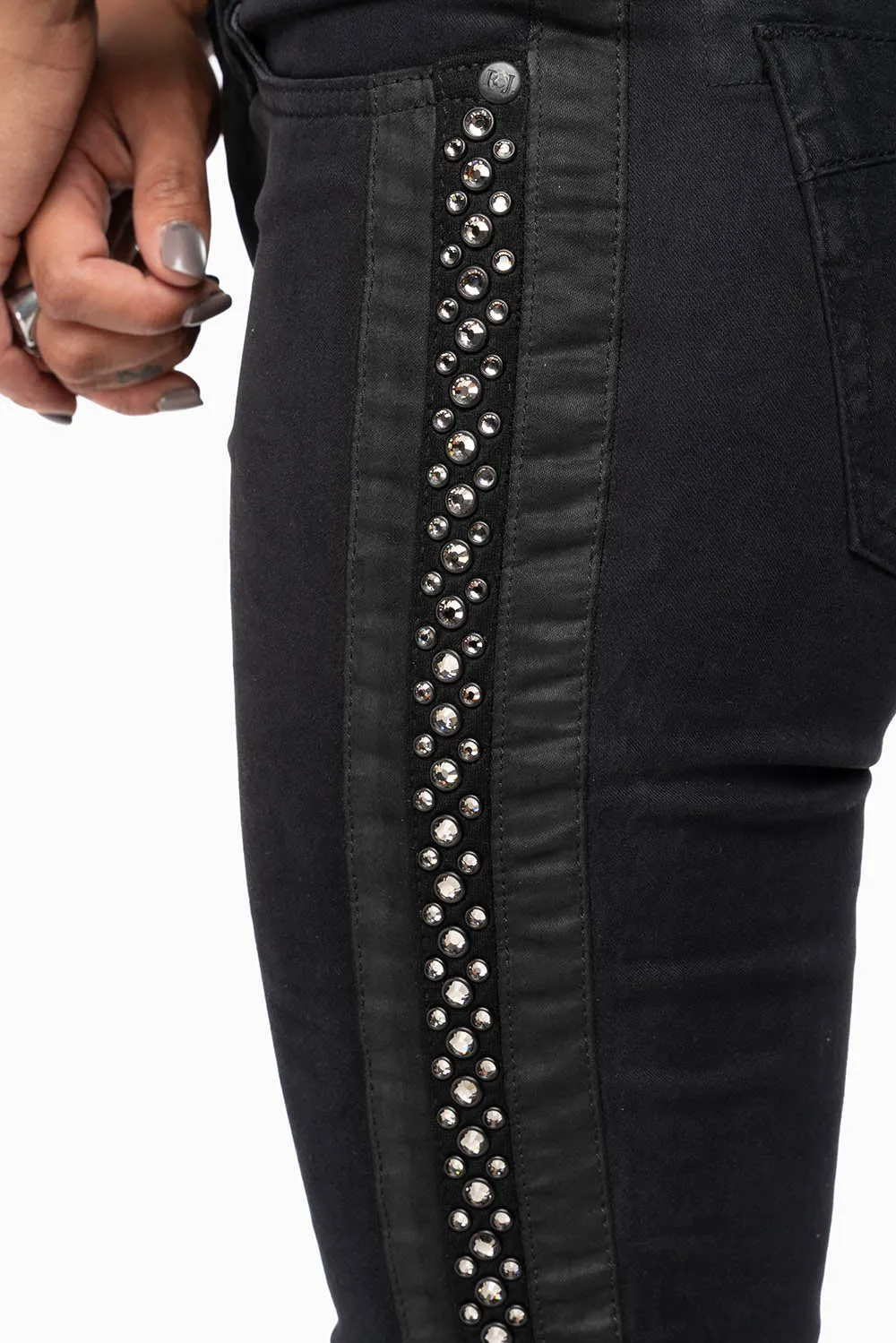 MID RISE WOMENS SKINNY BLACK JEANS WITH BLACK STRIPES EMBELLISHED WITH CRYSTALS sold by Robin's Jean product image thumbnail 2