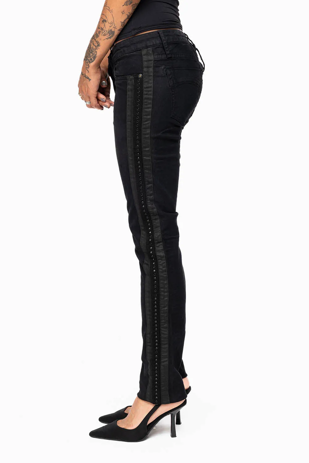 MID RISE WOMENS SKINNY BLACK JEANS WITH BLACK STRIPES EMBELLISHED WITH JET BLK CRYSTALS sold by Robin's Jean product image thumbnail 5