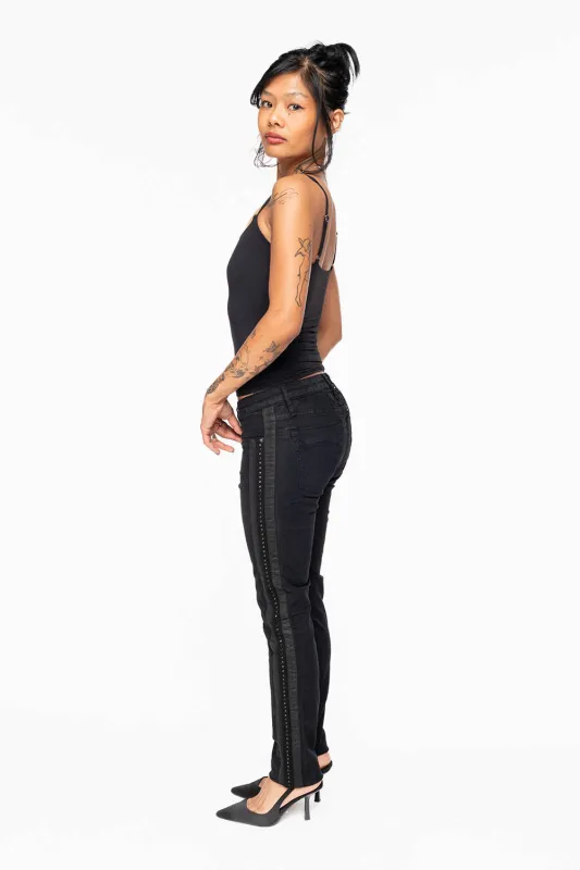 MID RISE WOMENS SKINNY BLACK JEANS WITH BLACK STRIPES EMBELLISHED WITH JET BLK CRYSTALS made by Robin's Jean