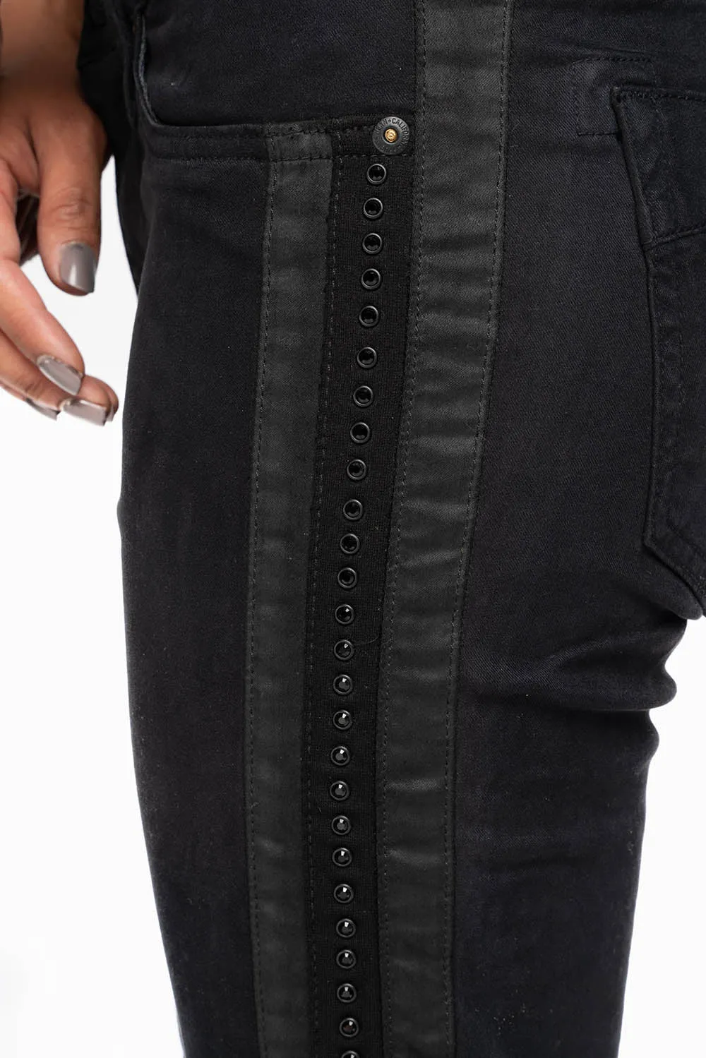 MID RISE WOMENS SKINNY BLACK JEANS WITH BLACK STRIPES EMBELLISHED WITH JET BLK CRYSTALS sold by Robin's Jean product image thumbnail 2