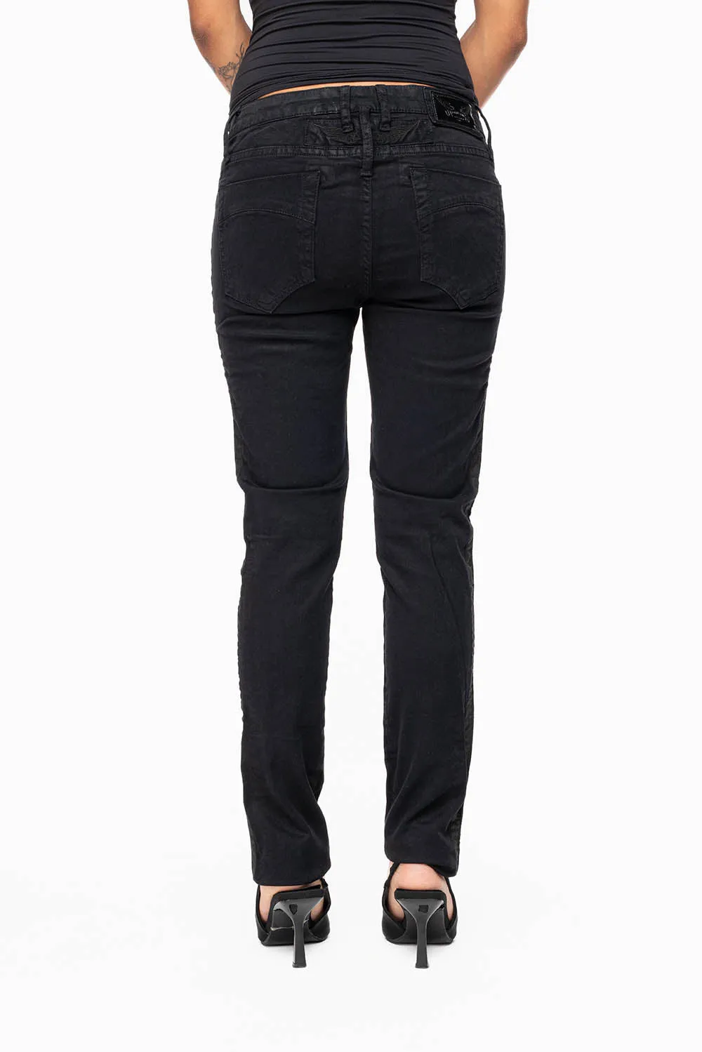 MID RISE WOMENS SKINNY BLACK JEANS WITH BLACK STRIPES EMBELLISHED WITH JET BLK CRYSTALS sold by Robin's Jean product image thumbnail 3