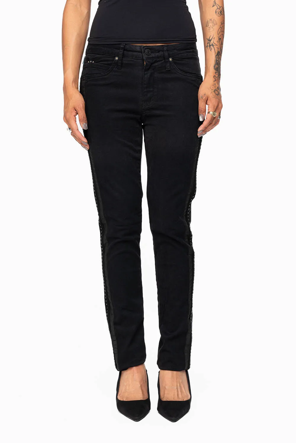 MID RISE WOMENS SKINNY BLACK JEANS WITH BLACK STRIPES EMBELLISHED WITH JET BLK CRYSTALS sold by Robin's Jean product image thumbnail 4