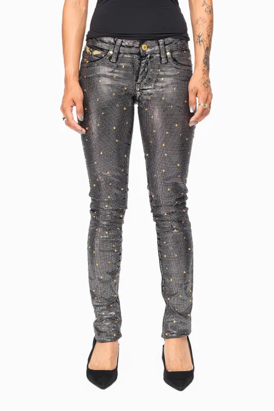 MARILYN WOMENS SKINNY JEANS IN DISCO BLK COATING WITH GOLD WINGS EMBELLISHED WITH CRYSTALS & STUDS made by Robin's Jean