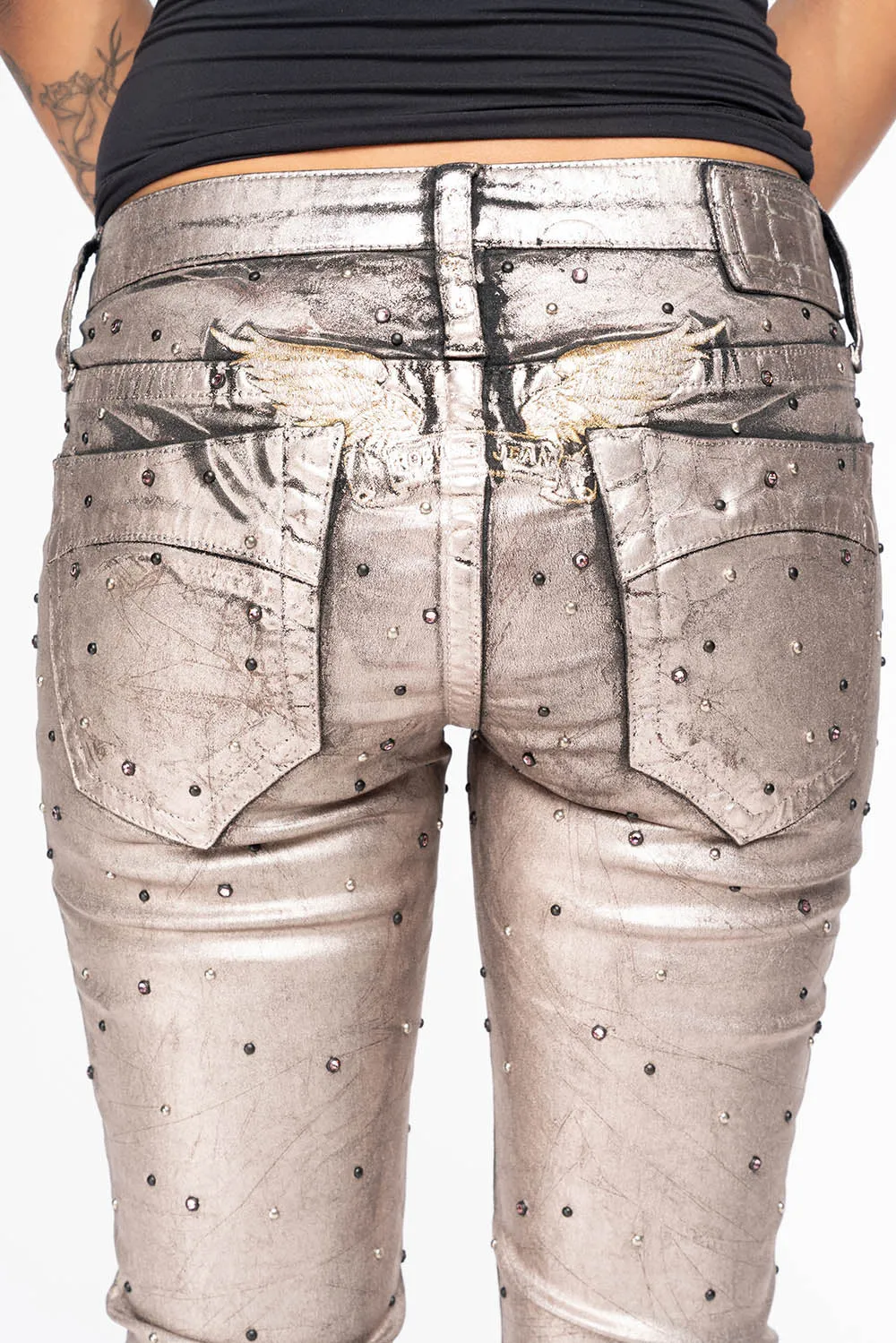 MARILYN WOMENS SKINNY JEANS IN SUN RISE GOLD COATING WITH TONAL WINGS EMBELLISHED WITH CRYSTALS & STUDS sold by Robin's Jean product image thumbnail 3