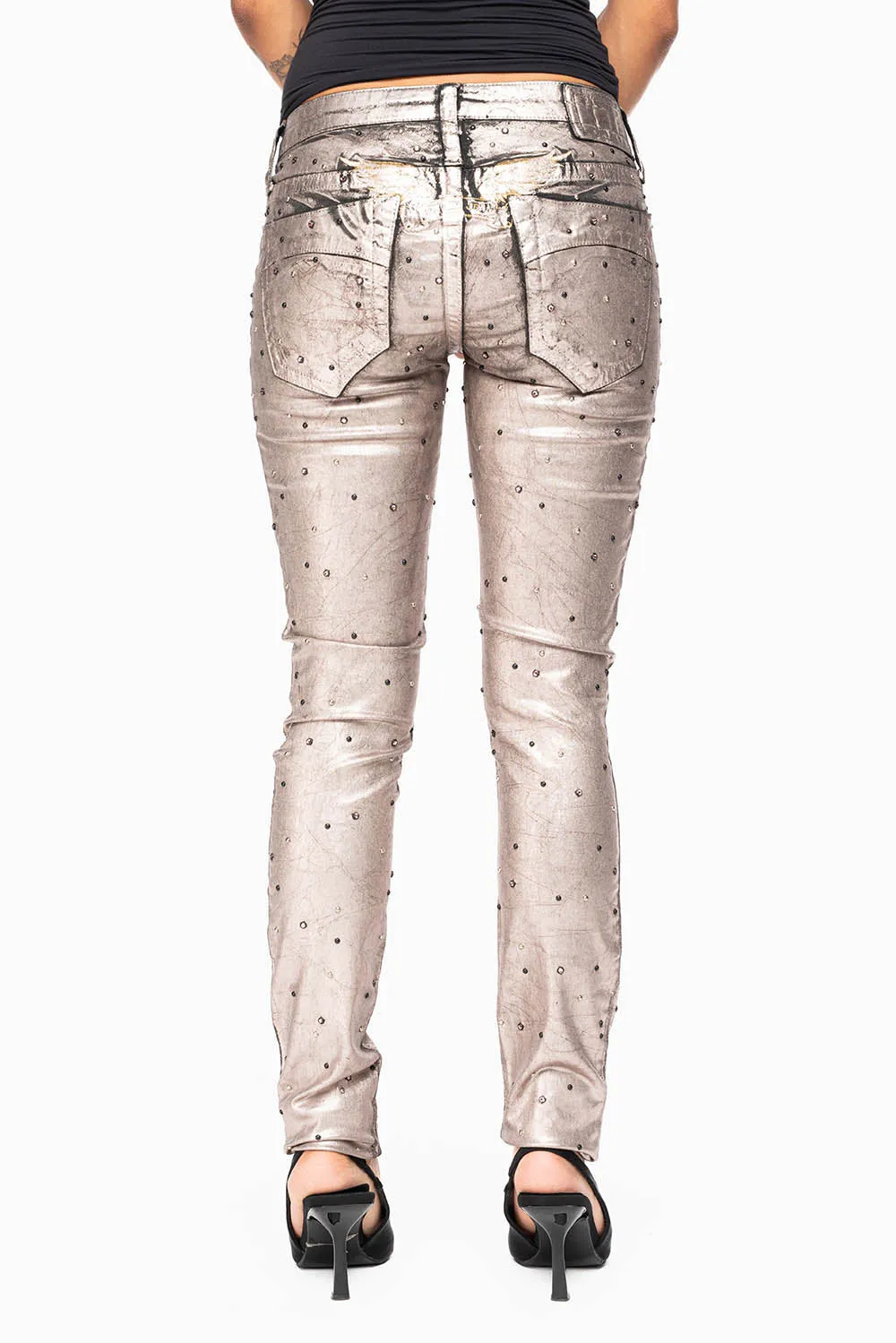 MARILYN WOMENS SKINNY JEANS IN SUN RISE GOLD COATING WITH TONAL WINGS EMBELLISHED WITH CRYSTALS & STUDS sold by Robin's Jean product image thumbnail 5