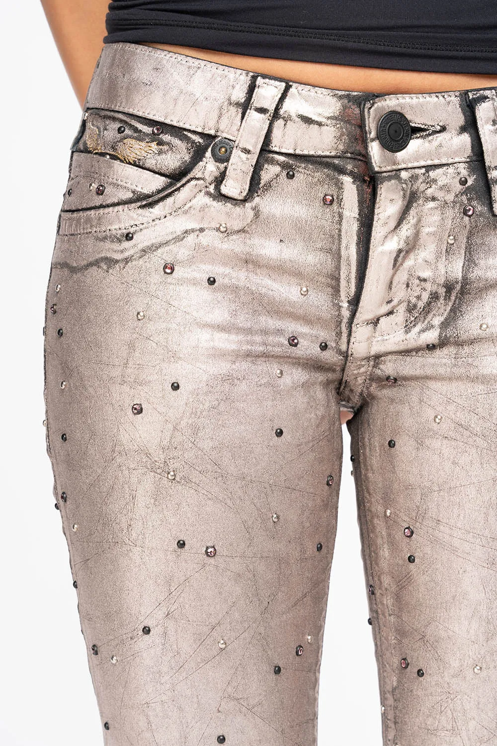 MARILYN WOMENS SKINNY JEANS IN SUN RISE GOLD COATING WITH TONAL WINGS EMBELLISHED WITH CRYSTALS & STUDS sold by Robin's Jean product image thumbnail 2