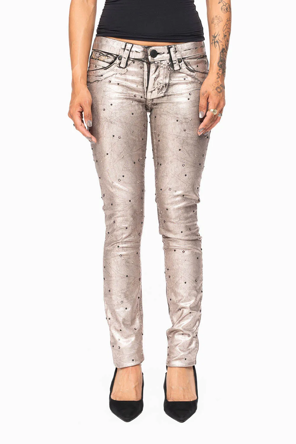 MARILYN WOMENS SKINNY JEANS IN SUN RISE GOLD COATING WITH TONAL WINGS EMBELLISHED WITH CRYSTALS & STUDS sold by Robin's Jean