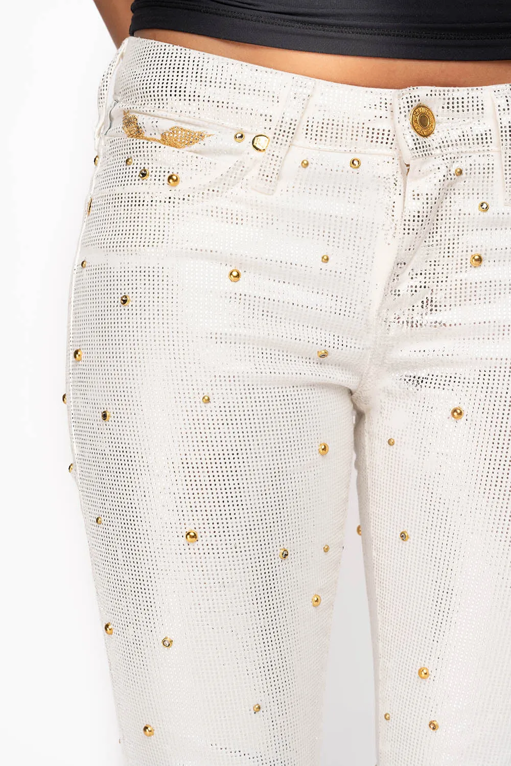 JANE MID RISE WOMENS SKINNY JEANS IN DISCO WHITE COATING WITH GOLD STUDS & CRYSTALS ALL OVER sold by Robin's Jean product image thumbnail 2