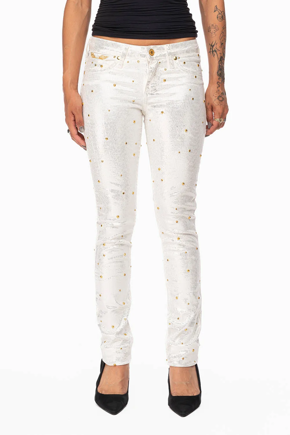JANE MID RISE WOMENS SKINNY JEANS IN DISCO WHITE COATING WITH GOLD STUDS & CRYSTALS ALL OVER sold by Robin's Jean