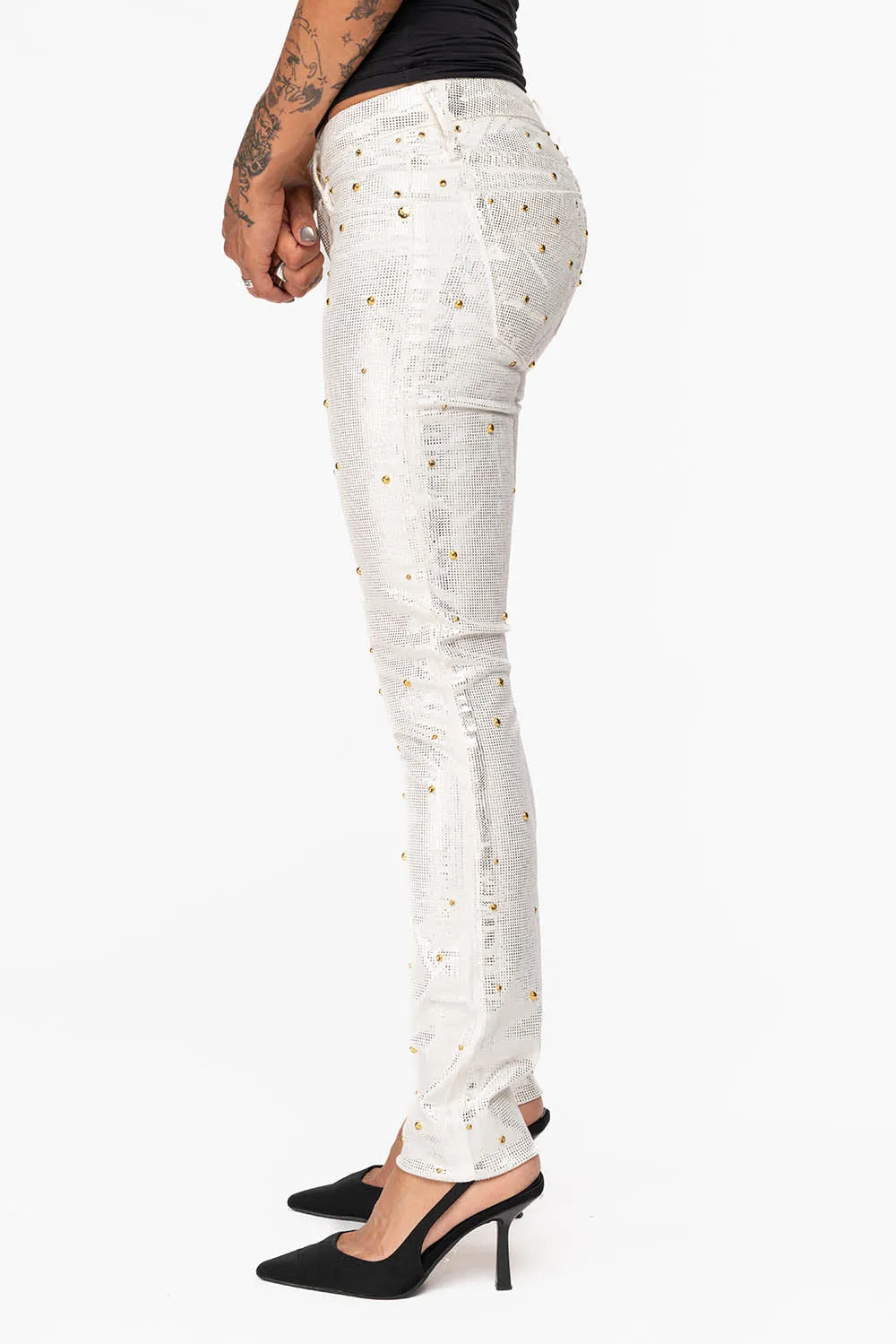 JANE MID RISE WOMENS SKINNY JEANS IN DISCO WHITE COATING WITH GOLD STUDS & CRYSTALS ALL OVER sold by Robin's Jean product image thumbnail 5
