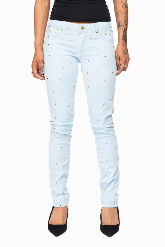 MARILYN WOMENS SKINNY JEANS IN PASTEL BLUE WITH TONAL WINGS EMBELLISHED WITH CRYSTALS & STUDS made by Robin's Jean