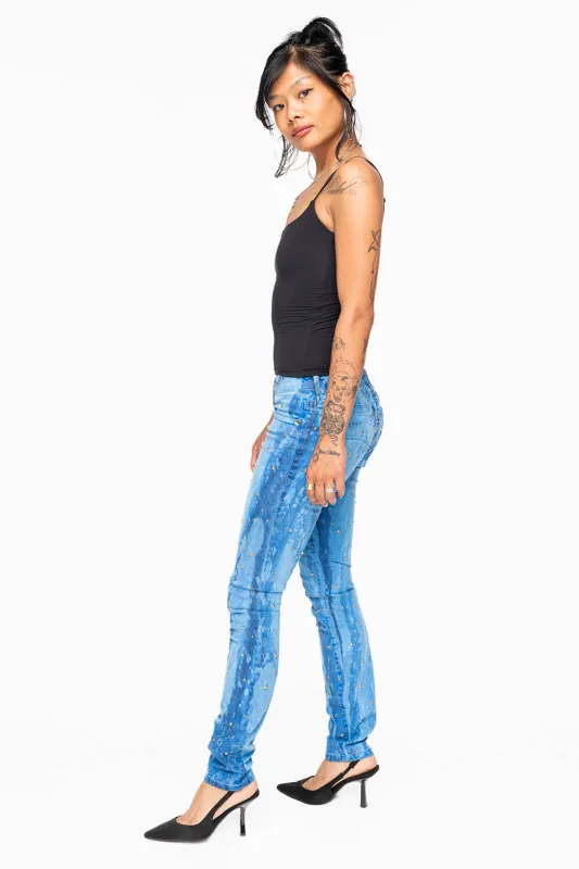 MARILYN WOMENS SKINNY JEANS IN GALAXY BLUE WITH TONAL WINGS EMBELLISHED WITH CRYSTALS & STUDS made by Robin's Jean