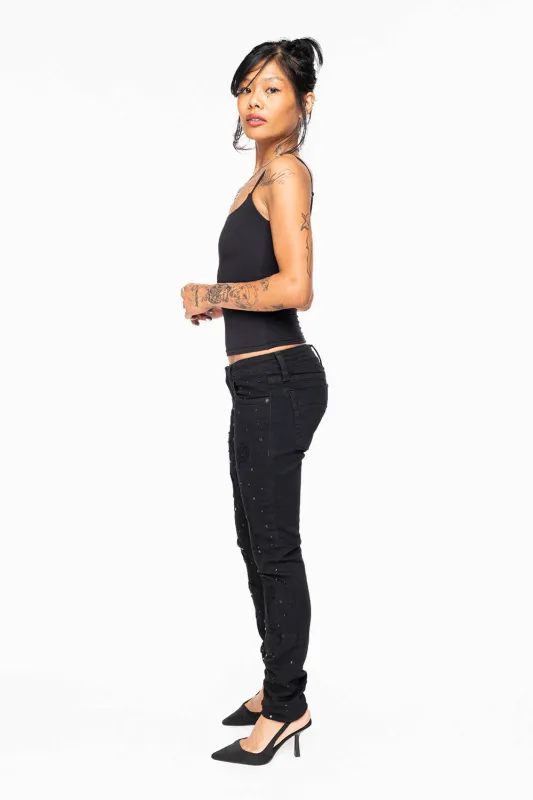 MARILYN WOMENS SKINNY JEANS IN REPAIRED PURE BLACK  WITH TONAL WINGS EMBELLISHED WITH CRYSTALS & STUDS made by Robin's Jean