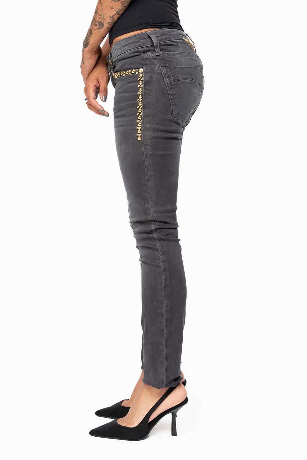 MARILYN WOMENS SKINNY JEANS IN PIGMENT SPRAY CHARCOAL WITH GOLD WINGS EMBELLISHED WITH CRYSTALS & STUDS sold by Robin's Jean product image thumbnail 3