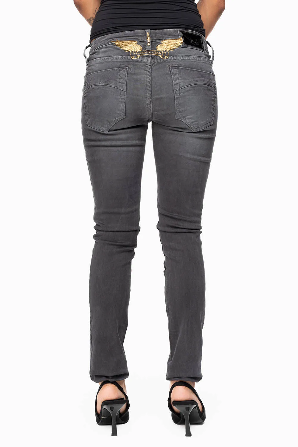 MARILYN WOMENS SKINNY JEANS IN PIGMENT SPRAY CHARCOAL WITH GOLD WINGS EMBELLISHED WITH CRYSTALS & STUDS sold by Robin's Jean product image thumbnail 5