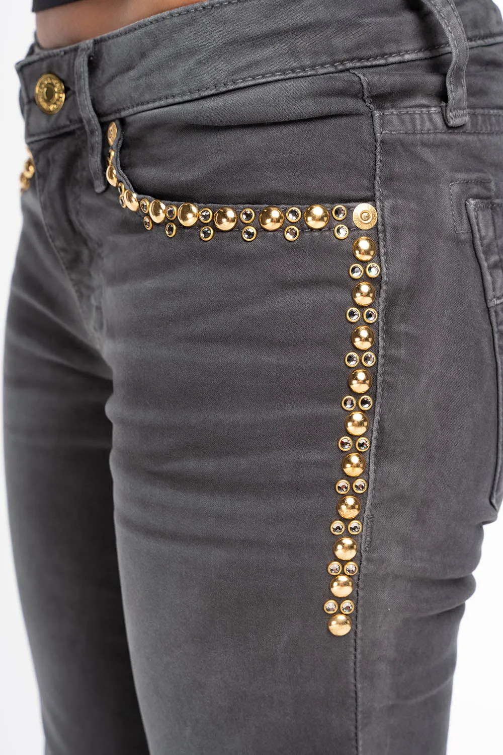 MARILYN WOMENS SKINNY JEANS IN PIGMENT SPRAY CHARCOAL WITH GOLD WINGS EMBELLISHED WITH CRYSTALS & STUDS sold by Robin's Jean product image thumbnail 2