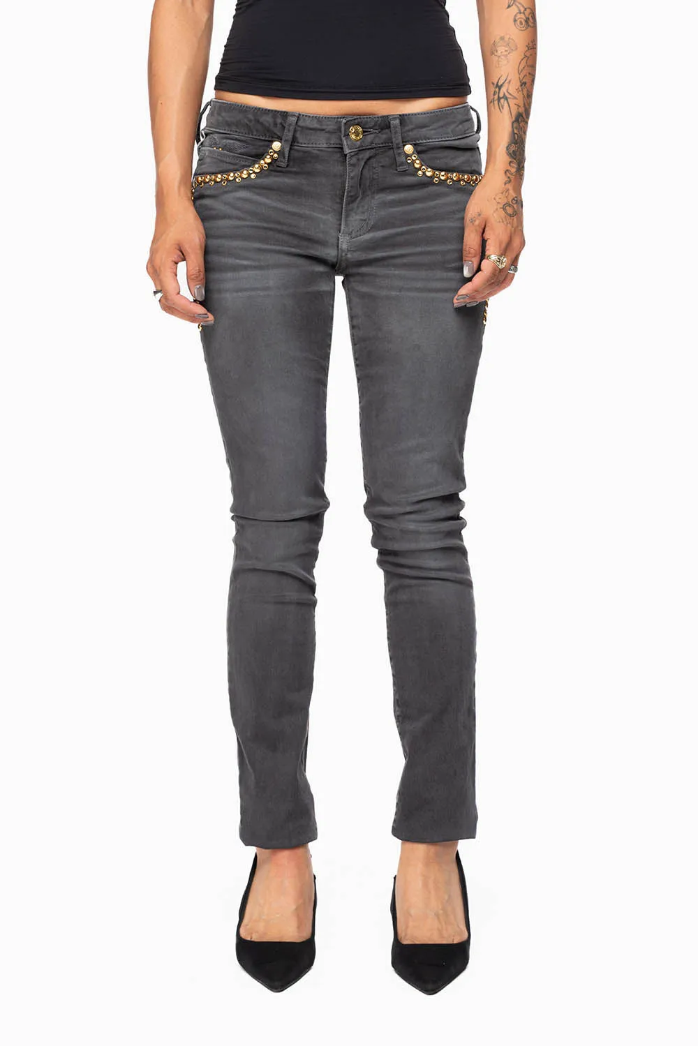 MARILYN WOMENS SKINNY JEANS IN PIGMENT SPRAY CHARCOAL WITH GOLD WINGS EMBELLISHED WITH CRYSTALS & STUDS sold by Robin's Jean product image thumbnail 4