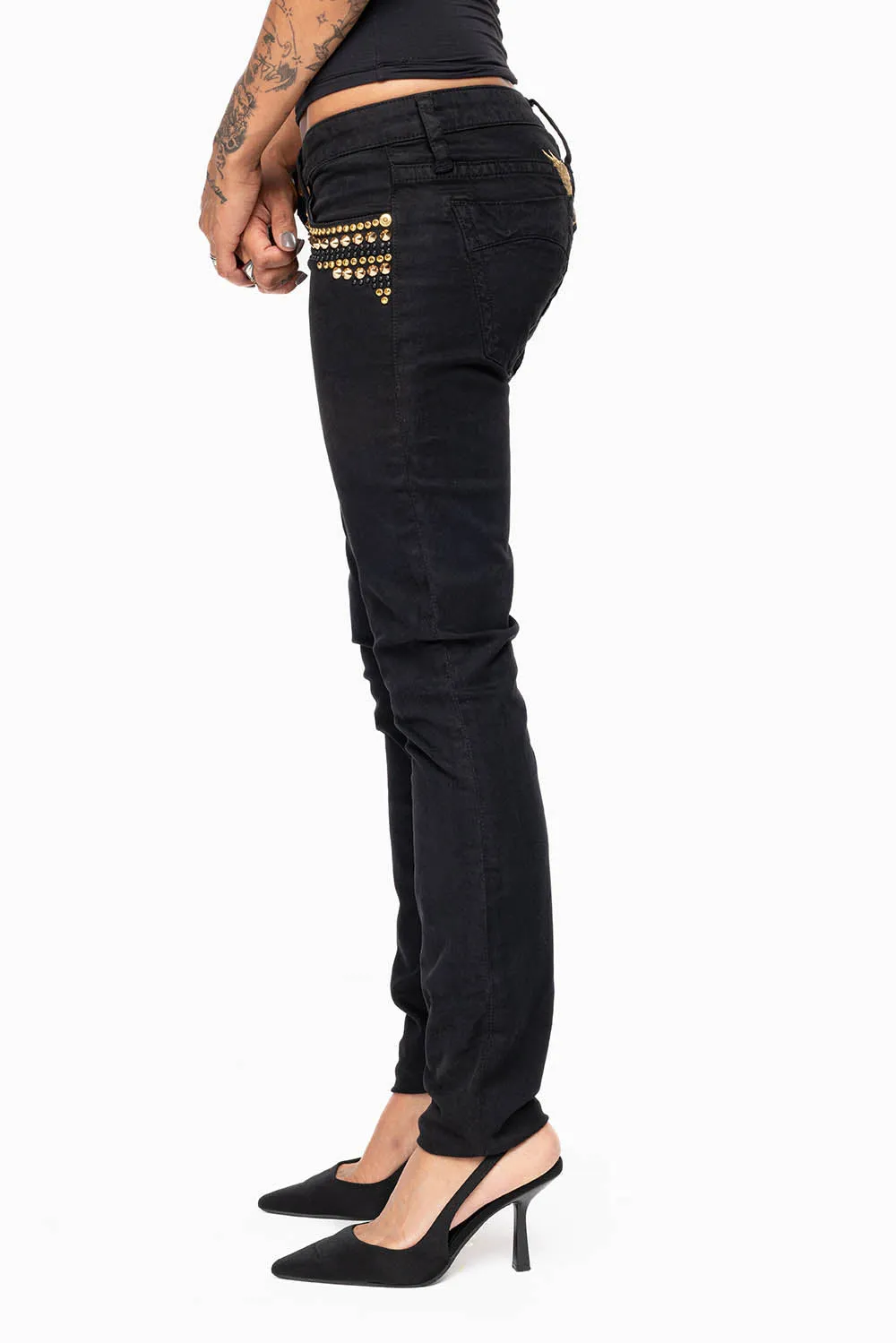 MARILYN WOMENS SKINNY JEANS IN PURE BLK WITH GOLD WINGS EMBELLISHED WITH CRYSTALS & STUDS sold by Robin's Jean product image thumbnail 3