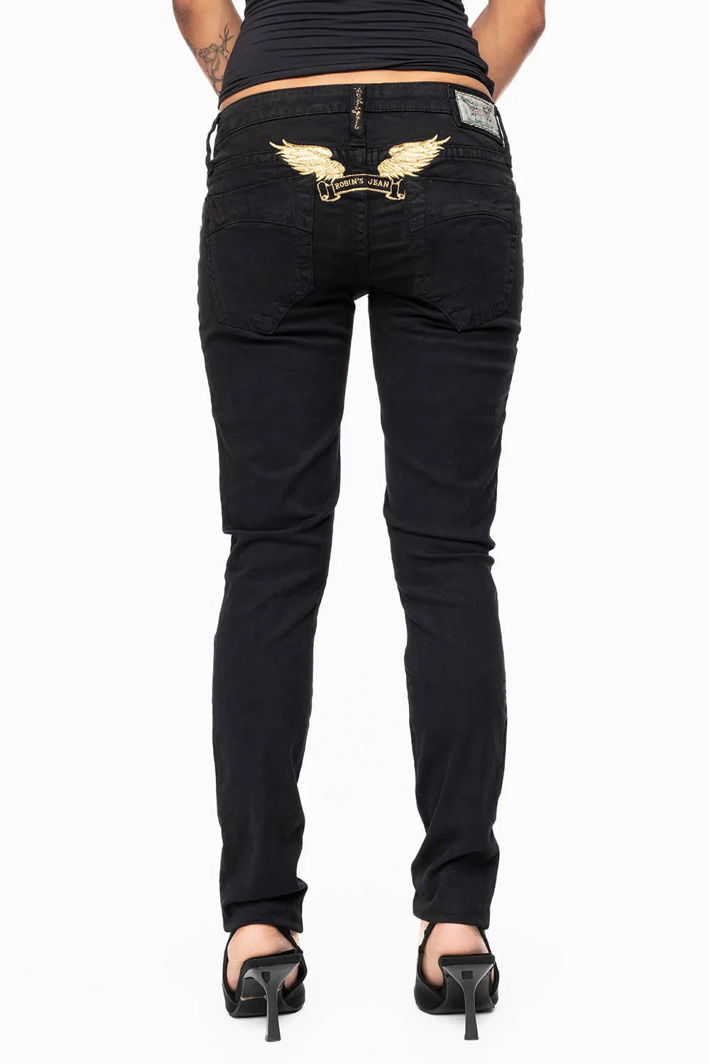 MARILYN WOMENS SKINNY JEANS IN PURE BLK WITH GOLD WINGS EMBELLISHED WITH CRYSTALS & STUDS sold by Robin's Jean product image thumbnail 5