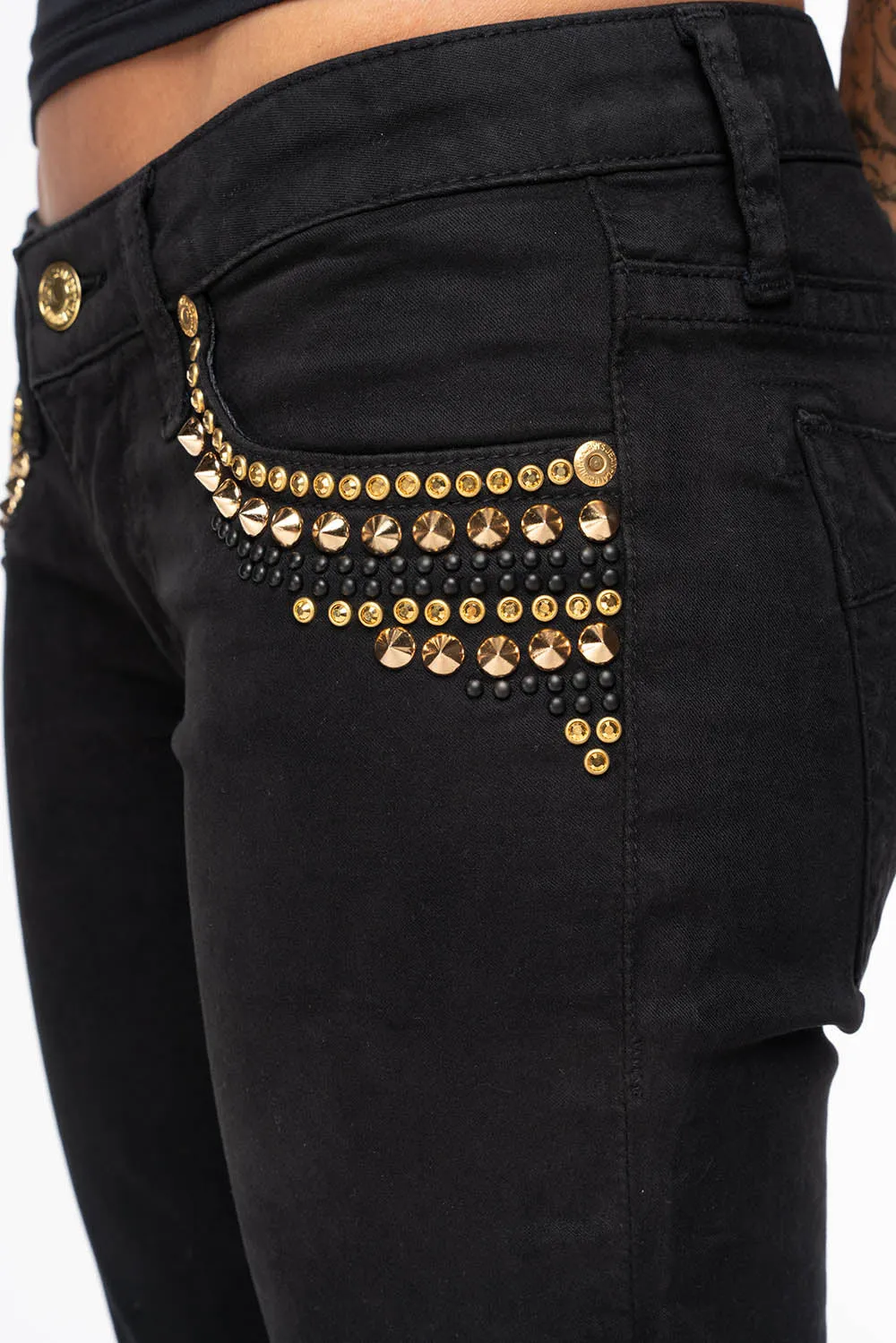 MARILYN WOMENS SKINNY JEANS IN PURE BLK WITH GOLD WINGS EMBELLISHED WITH CRYSTALS & STUDS sold by Robin's Jean product image thumbnail 2