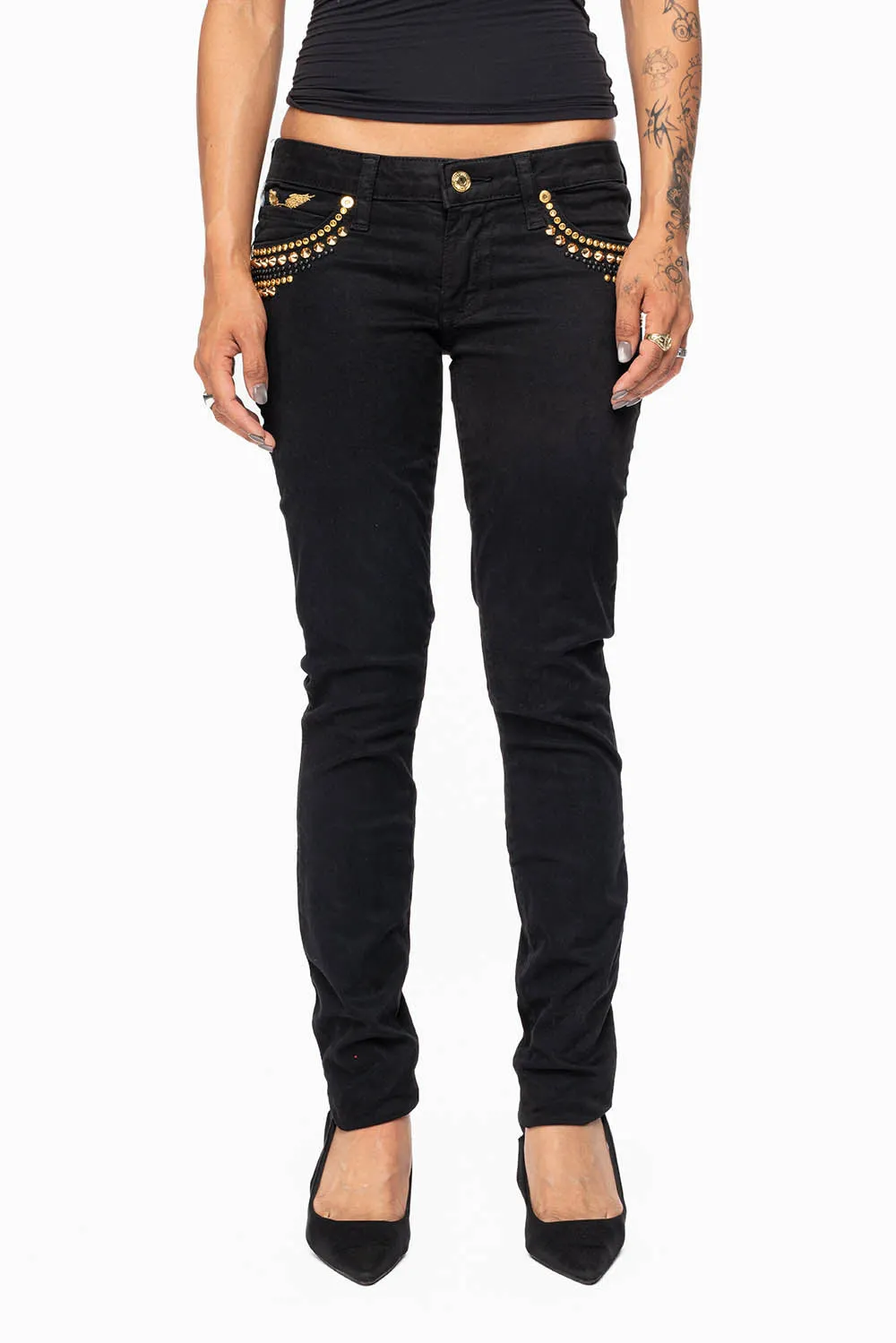 MARILYN WOMENS SKINNY JEANS IN PURE BLK WITH GOLD WINGS EMBELLISHED WITH CRYSTALS & STUDS sold by Robin's Jean