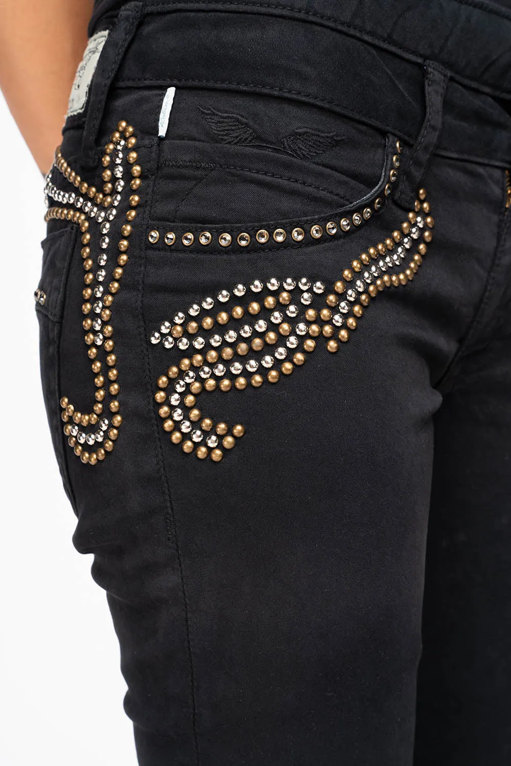 ROBIN'S DOUBLE WAIST SKINNY IN PURE BLK WITH STUDS AND CRYSTALS sold by Robin's Jean product image thumbnail 3