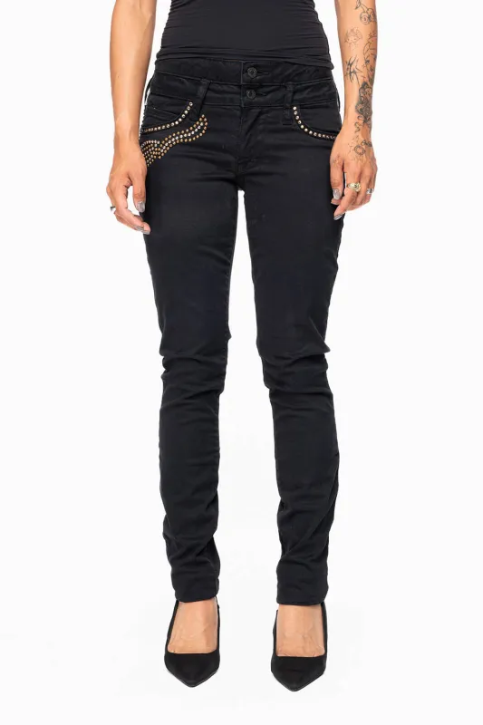 ROBIN'S DOUBLE WAIST SKINNY IN PURE BLK  WITH STUDS AND CRYSTALS made by Robin's Jean