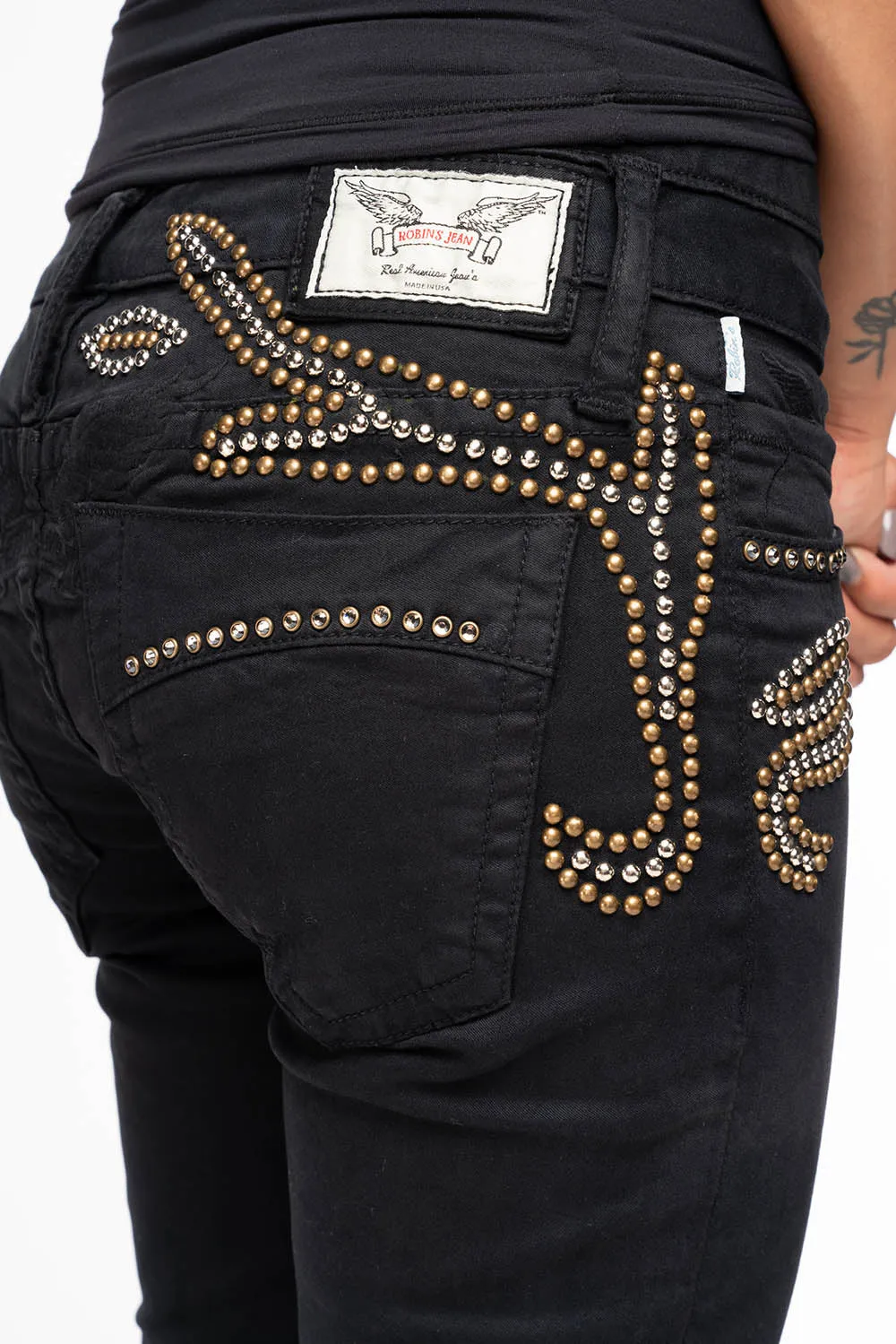 ROBIN'S DOUBLE WAIST SKINNY IN PURE BLK WITH STUDS AND CRYSTALS sold by Robin's Jean product image thumbnail 2