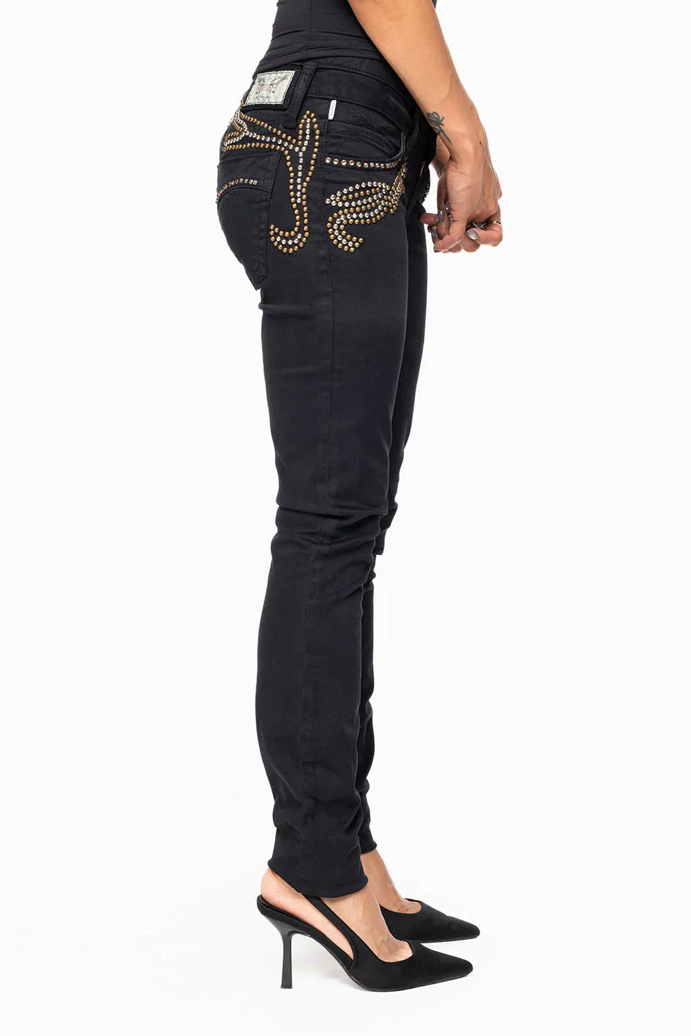ROBIN'S DOUBLE WAIST SKINNY IN PURE BLK WITH STUDS AND CRYSTALS sold by Robin's Jean product image thumbnail 4