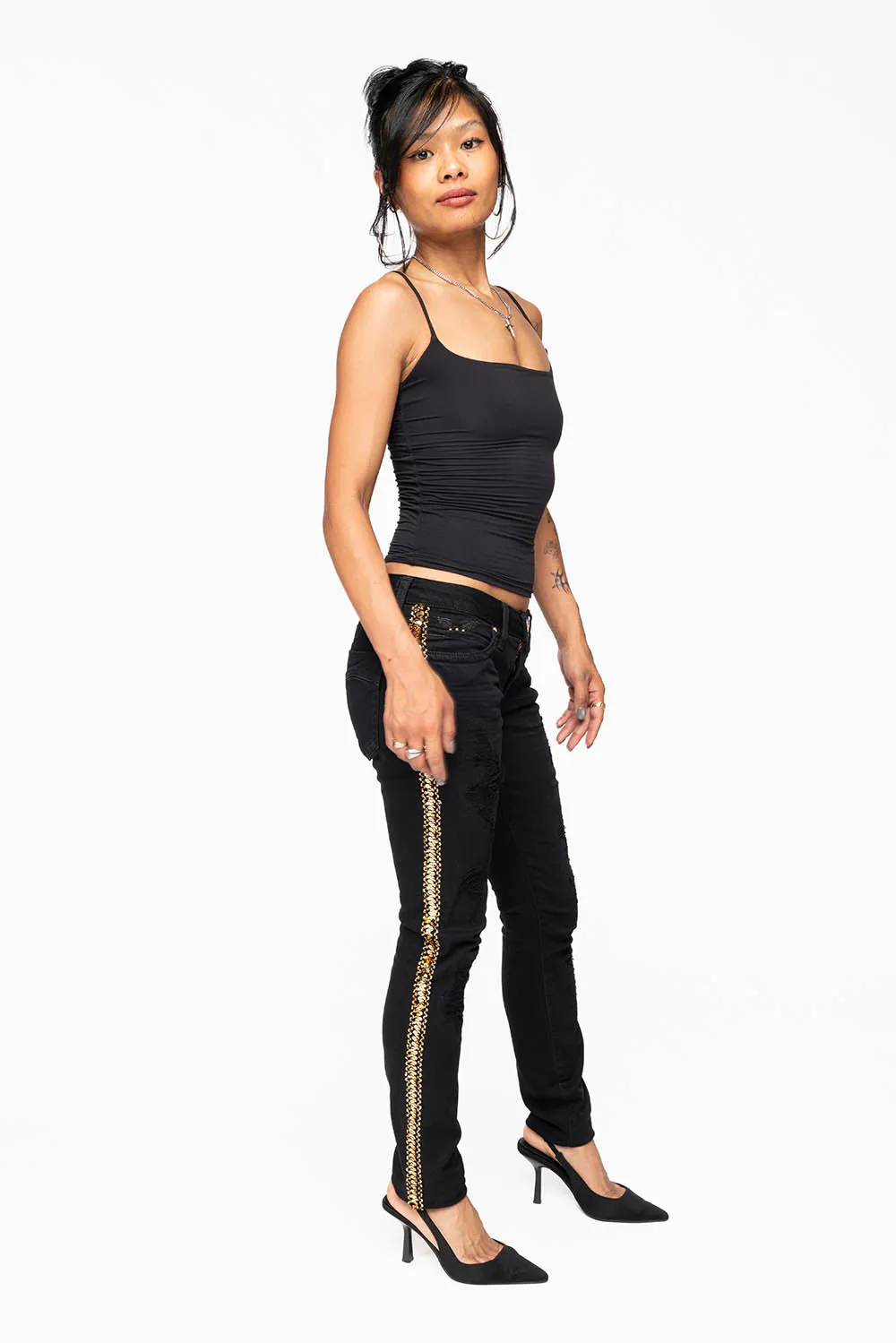 MARILYN WOMENS SKINNY JEAN BROKEN REPAIRED PURE BLK EMBELLISHED WITH GOLD SEQUINS STRIPE sold by Robin's Jean