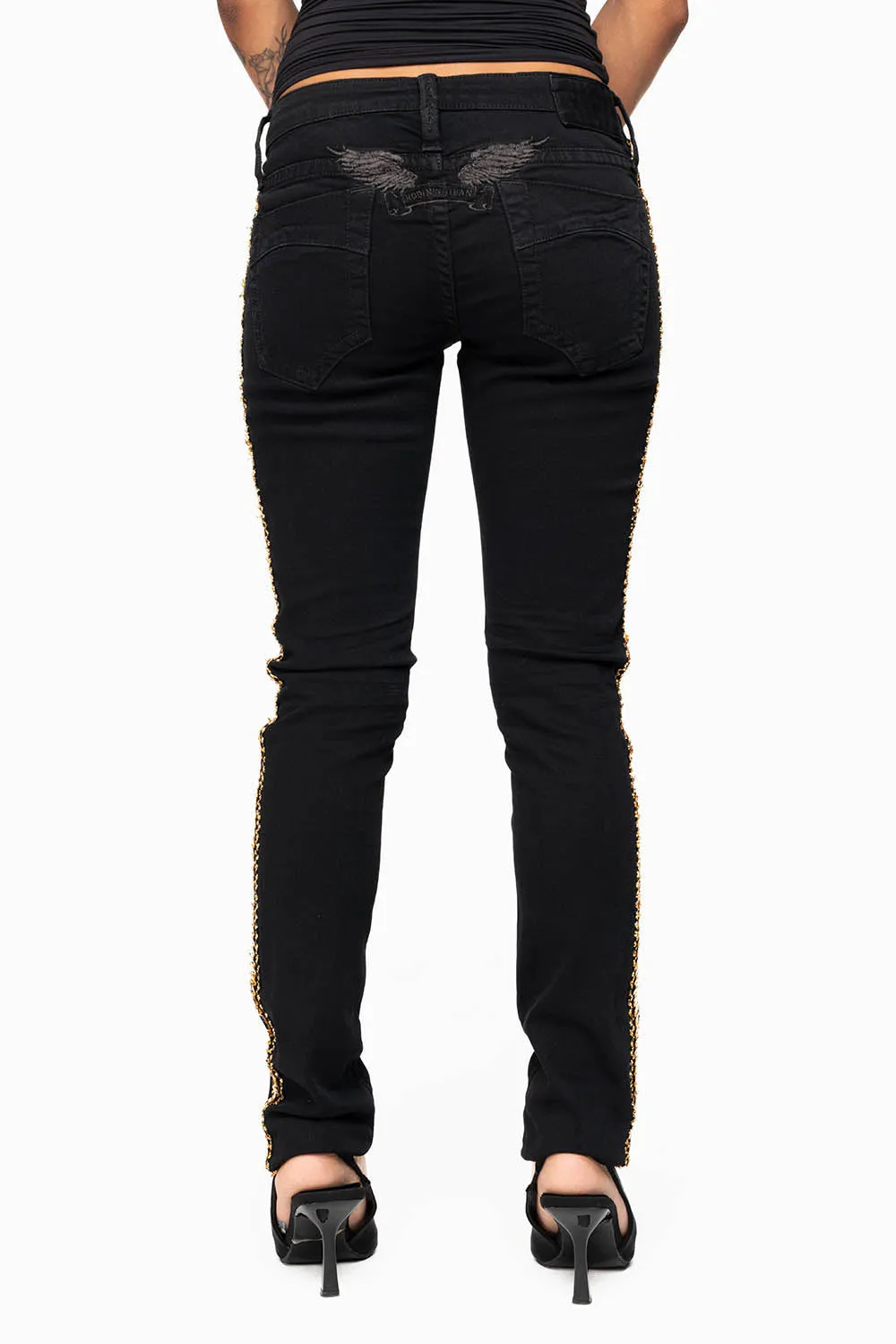 MARILYN WOMENS SKINNY JEAN BROKEN REPAIRED PURE BLK EMBELLISHED WITH GOLD SEQUINS STRIPE sold by Robin's Jean product image thumbnail 5