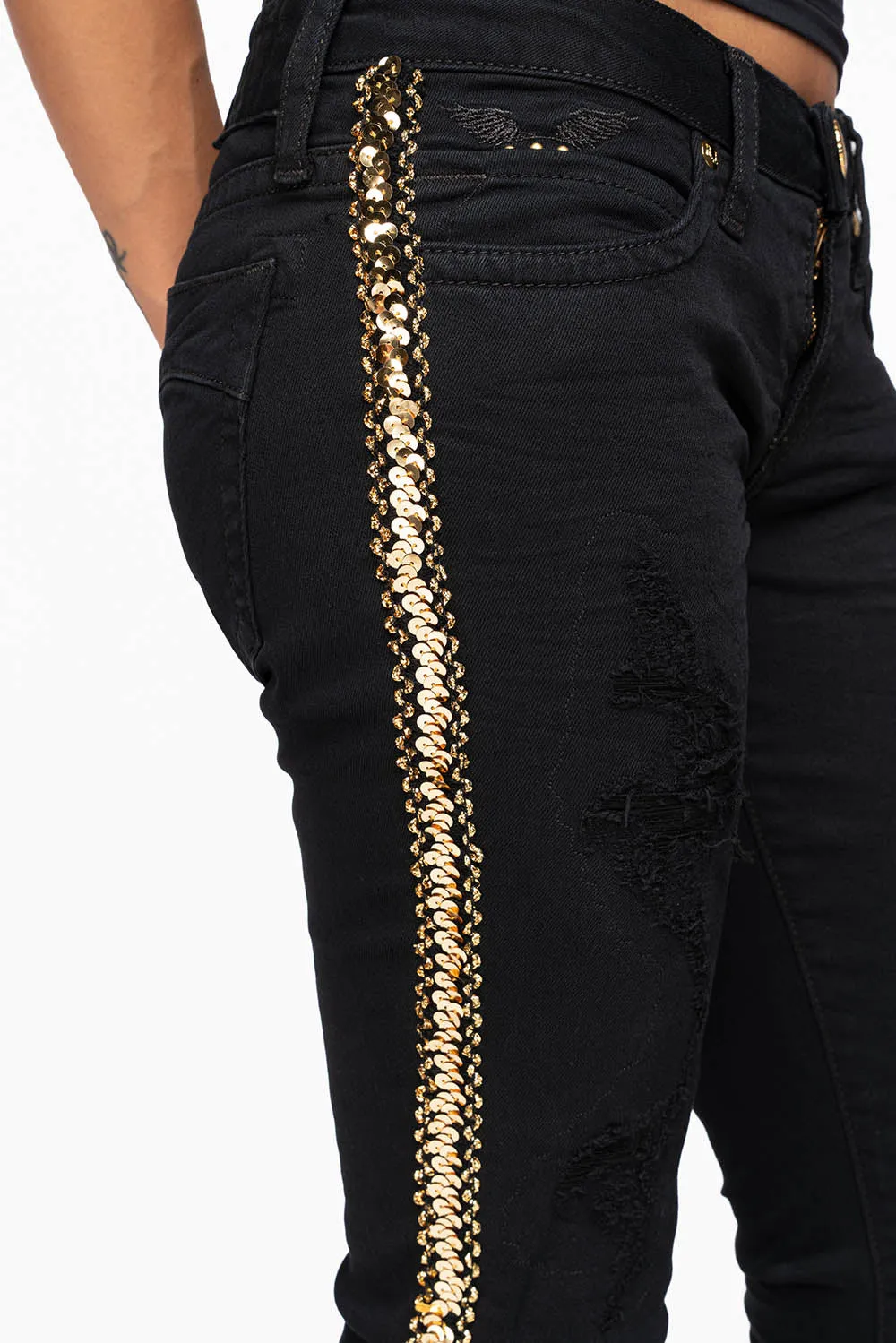 MARILYN WOMENS SKINNY JEAN BROKEN REPAIRED PURE BLK EMBELLISHED WITH GOLD SEQUINS STRIPE sold by Robin's Jean product image thumbnail 2
