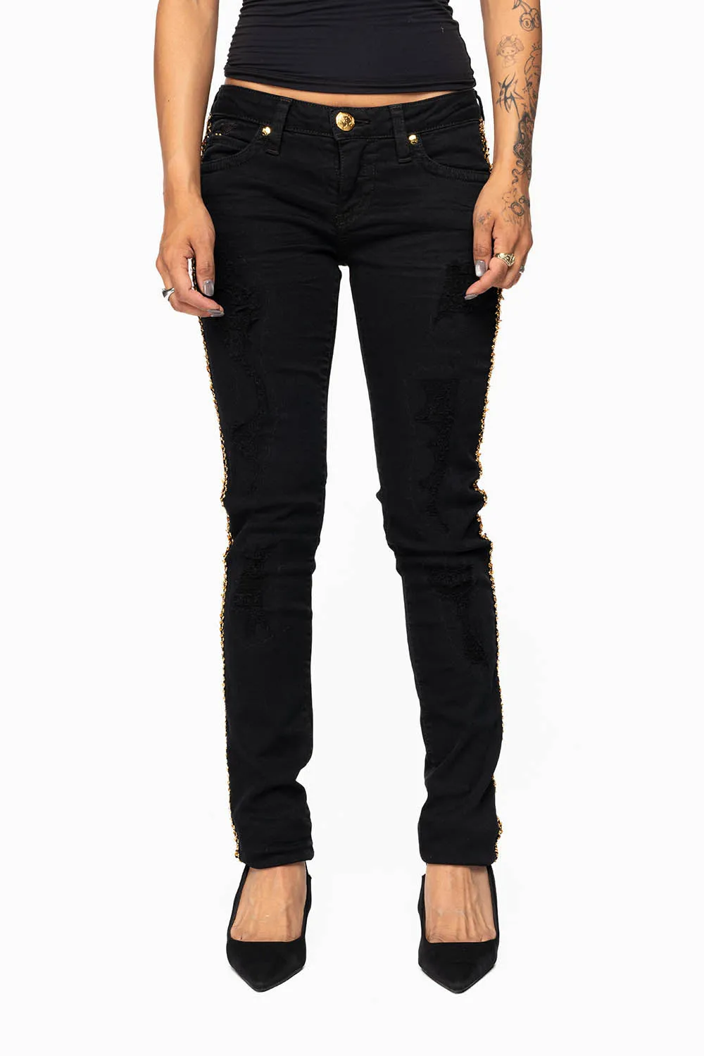 MARILYN WOMENS SKINNY JEAN BROKEN REPAIRED PURE BLK EMBELLISHED WITH GOLD SEQUINS STRIPE sold by Robin's Jean product image thumbnail 4