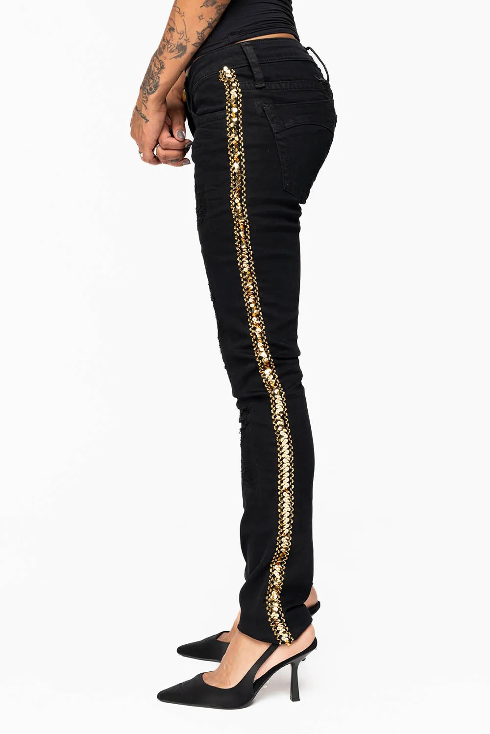 MARILYN WOMENS SKINNY JEAN BROKEN REPAIRED PURE BLK EMBELLISHED WITH GOLD SEQUINS STRIPE sold by Robin's Jean product image thumbnail 3