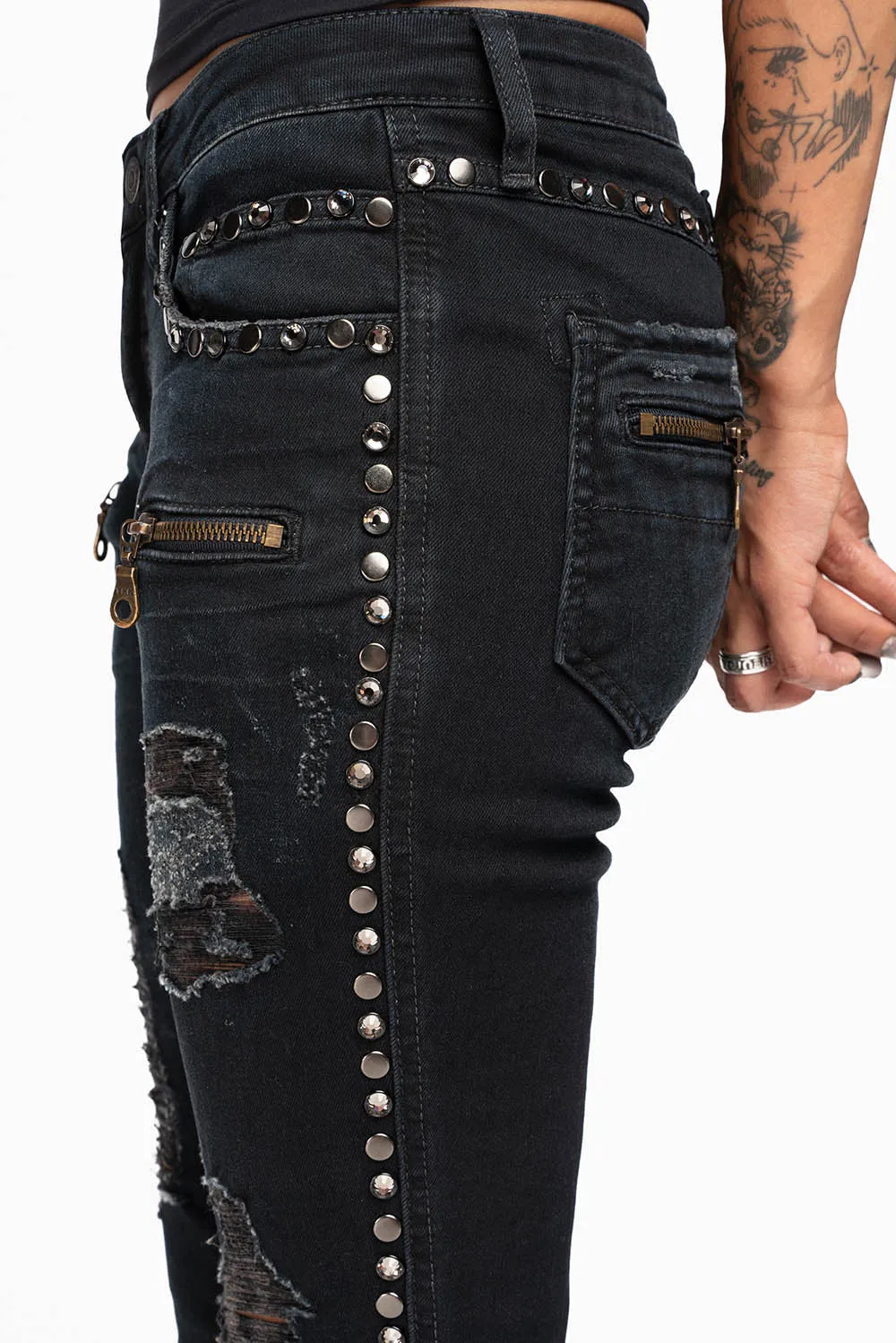 ROBIN'S DOUBLE WAIST SKINNY JEAN IN EBONY BROKEN BLACK WASH WITH CRYSTALS, SPIKES & NAILHEADS sold by Robin's Jean product image thumbnail 2