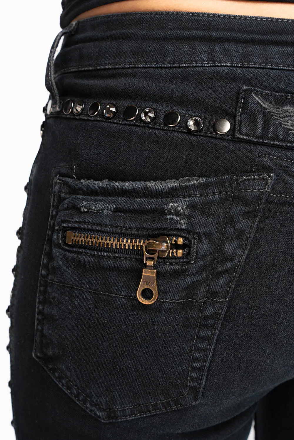 ROBIN'S DOUBLE WAIST SKINNY JEAN IN EBONY BROKEN BLACK WASH WITH CRYSTALS, SPIKES & NAILHEADS sold by Robin's Jean product image thumbnail 4