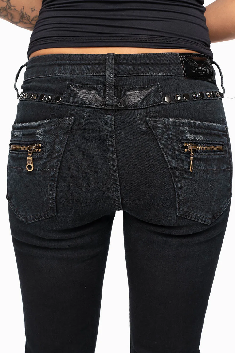 ROBIN'S DOUBLE WAIST SKINNY JEAN IN EBONY BROKEN BLACK WASH WITH CRYSTALS, SPIKES & NAILHEADS sold by Robin's Jean product image thumbnail 5