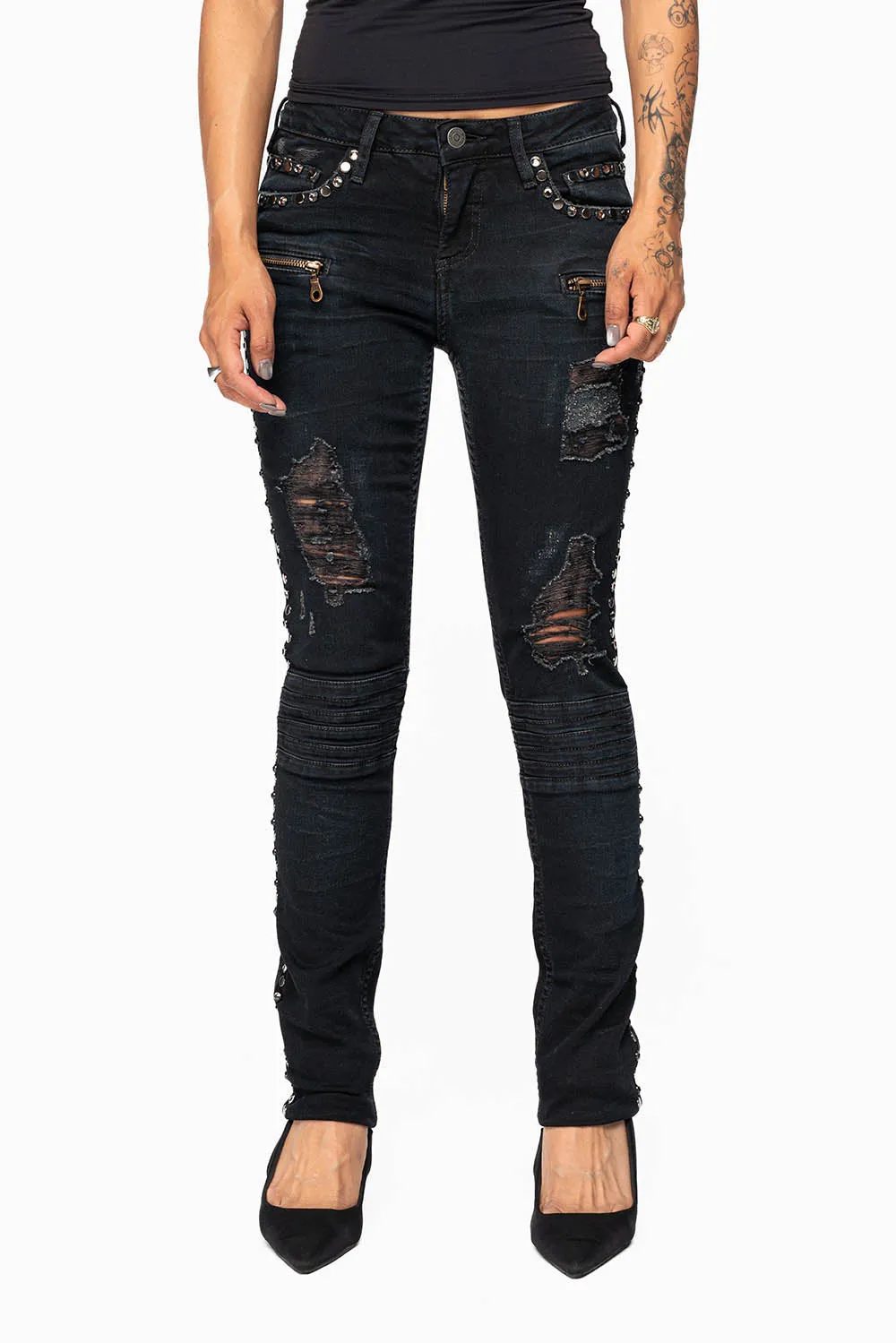 ROBIN'S DOUBLE WAIST SKINNY JEAN IN EBONY BROKEN BLACK WASH WITH CRYSTALS, SPIKES & NAILHEADS sold by Robin's Jean