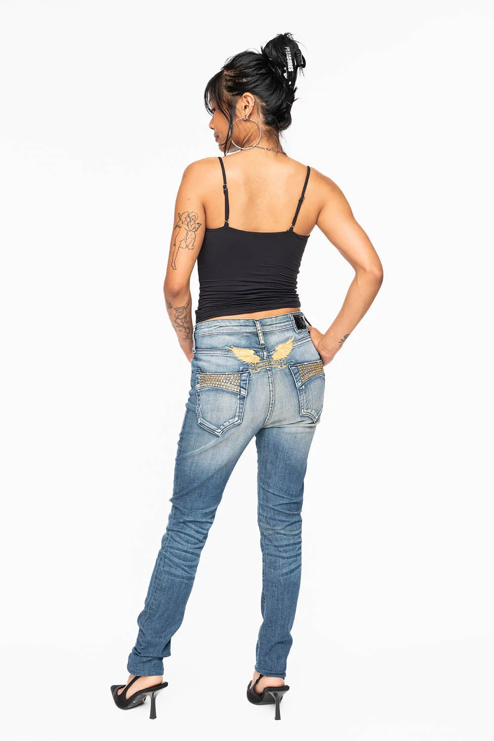 ROBIN'S MIDRISE WOMENS SKINNY JEANS IN LEYTON MEDIUM WASH EMBELLISHED WITH CRYSTALS sold by Robin's Jean