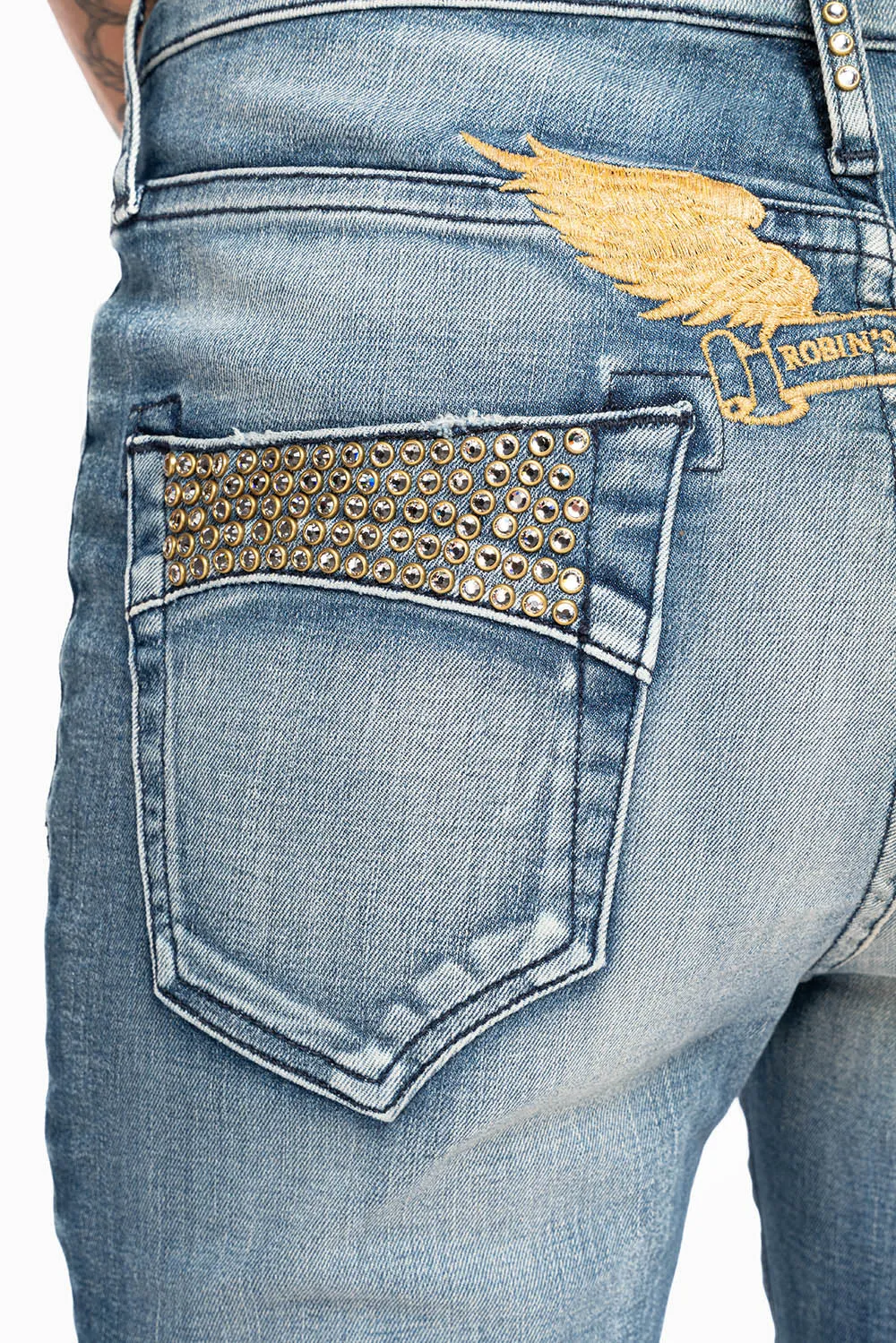ROBIN'S MIDRISE WOMENS SKINNY JEANS IN LEYTON MEDIUM WASH EMBELLISHED WITH CRYSTALS sold by Robin's Jean product image thumbnail 2