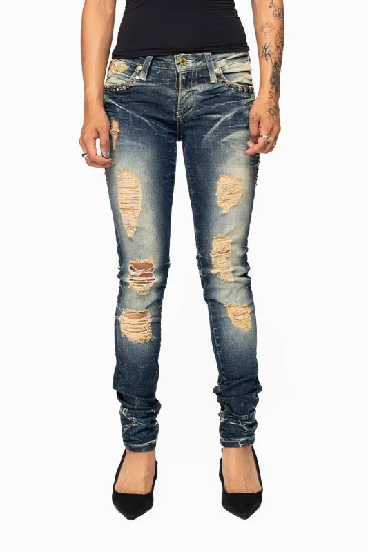 MARILYN WOMENS SKINNY JEAN  IN 5D DARK BROKEN   EMBELLISHED WITH CRYSTALS & STUDS made by Robin's Jean