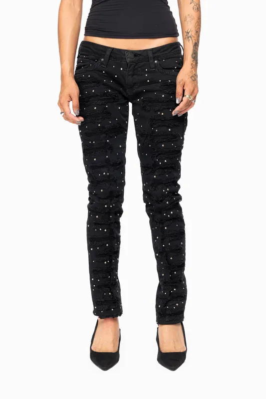 MARILYN WOMENS DISTRESSED & REPAIRED STUDDED SKINNY JEANS IN BLACK EMBELLISHED WITH STUDS & CRYSTALS made by Robin's Jean