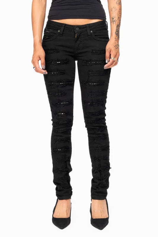 MARILYN WOMENS DISTRESSED & REPAIRED  SKINNY JEANS IN BLACK EMBELLISHED WITH STUDS &  CRYSTALS made by Robin's Jean