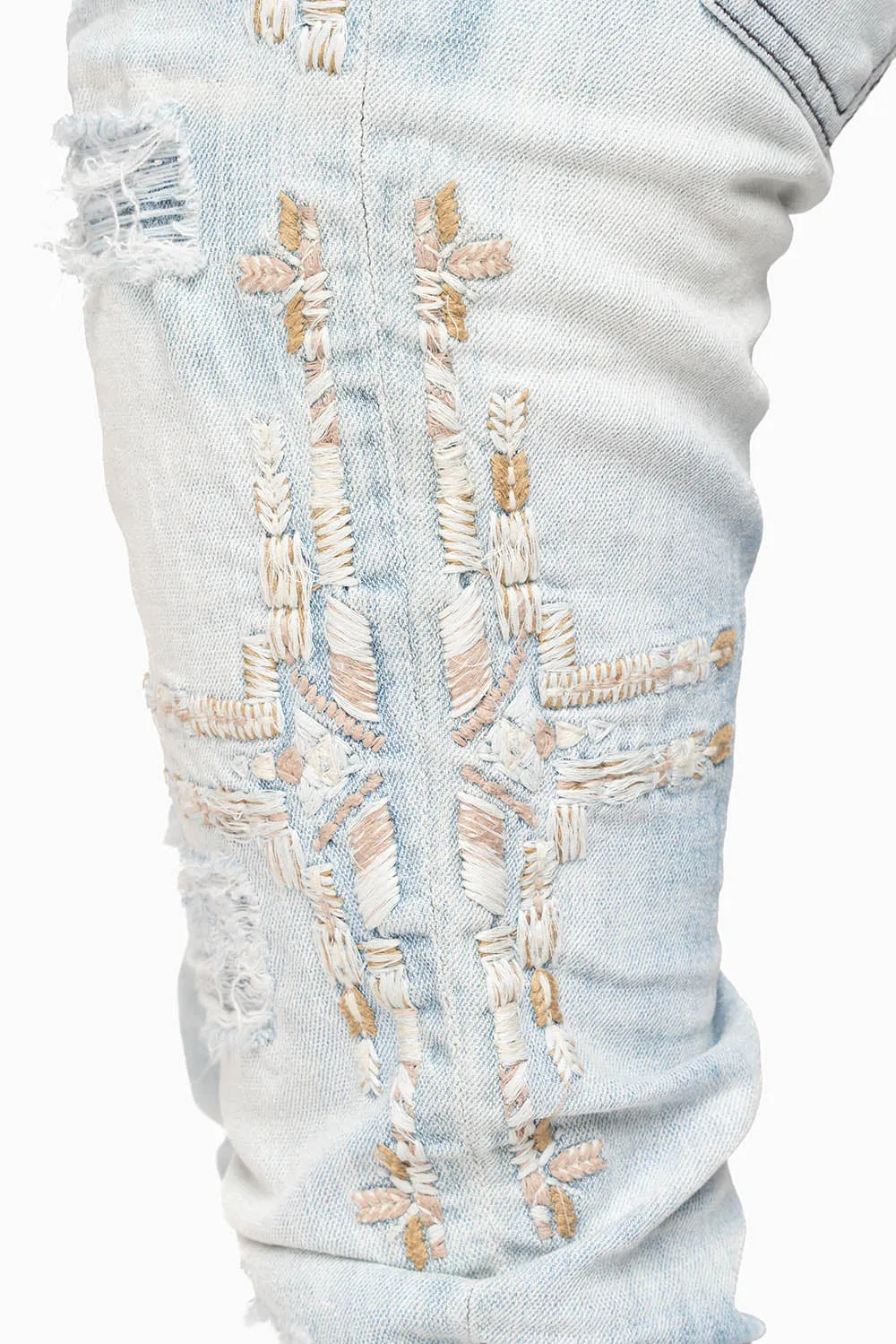 ROBIN’S WOMEN SKINNY JEAN IN CHAPA INDIGO NICOLE LIGHT BROKEN REPAIRED WITH EMBELISHMENT sold by Robin's Jean product image thumbnail 5
