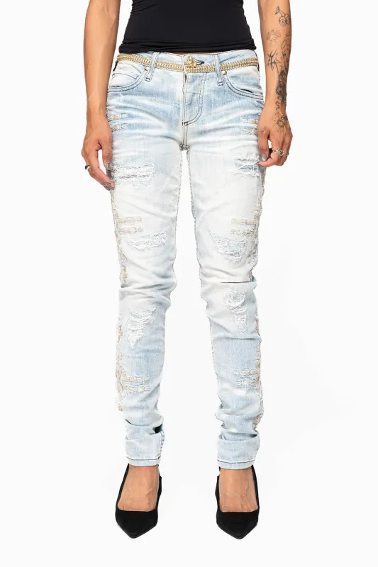 ROBIN’S WOMEN SKINNY JEAN IN CHAPA INDIGO NICOLE LIGHT BROKEN REPAIRED WITH EMBELISHMENT made by Robin's Jean