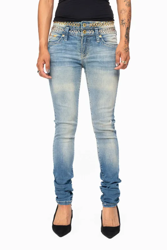 ROBIN'S DOUBLE WAIST SKINNY JEAN IN ELROY MEDIUM WASH WITH  SPIKES & NAILHEADS made by Robin's Jean