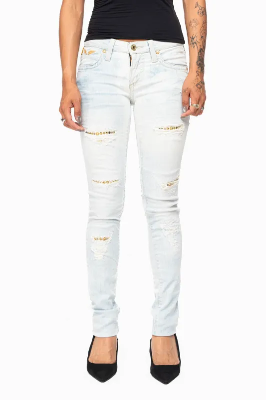 MARILYN WOMENS SKINNY NICOLE LIGHT BROKEN REPAIRED  WASH EMBELLISHED WITH STUDS & CRYSTALS made by Robin's Jean