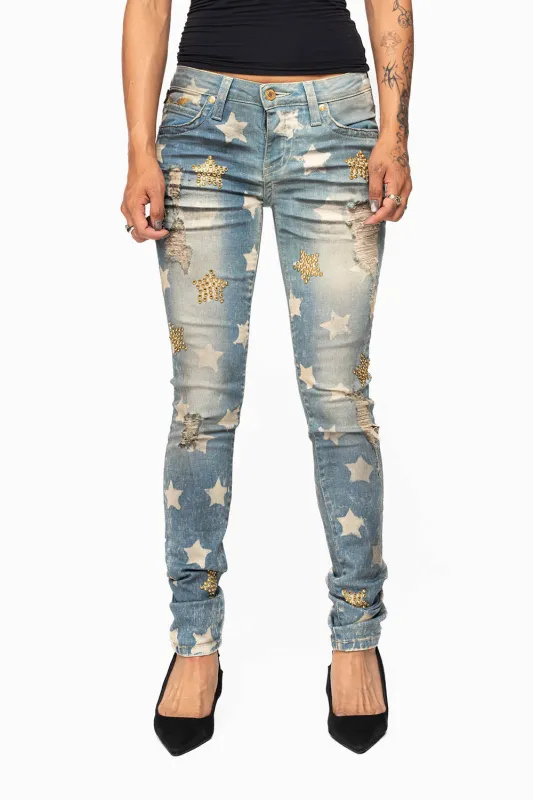 MARILYN WOMENS SKINNY PATRICE 3D DRK BROKEN WASH EMBELLISHED WITH CRYSTALS made by Robin's Jean
