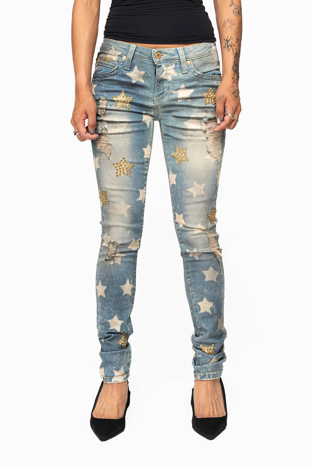 MARILYN WOMENS SKINNY PATRICE 3D DRK BROKEN WASH EMBELLISHED WITH CRYSTALS sold by Robin's Jean