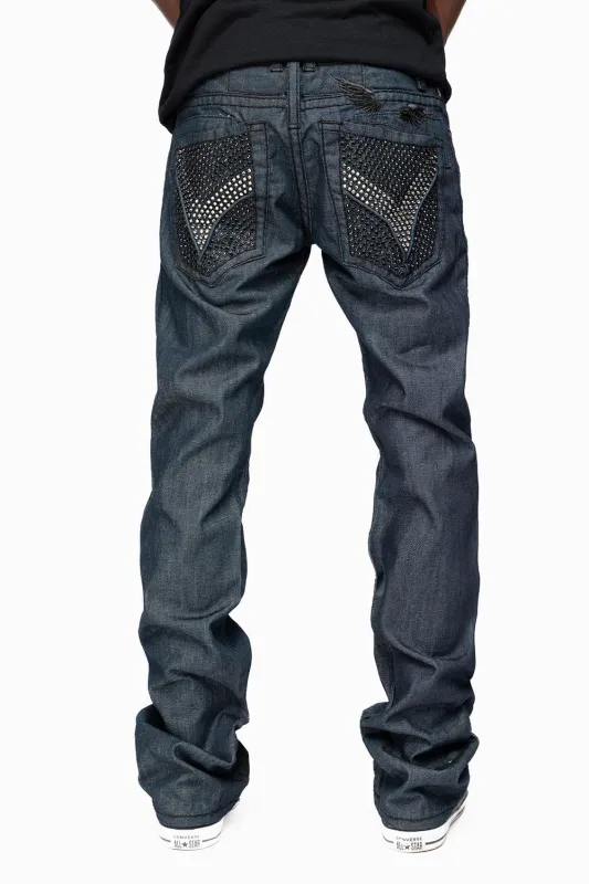 ROBIN’S BLACK SADDLE 5 POCKET STRAIGHT LEG JEANS IN RAW DENIM HEAVY BLACK STITCHING WITH CRYSTALS made by Robin's Jean